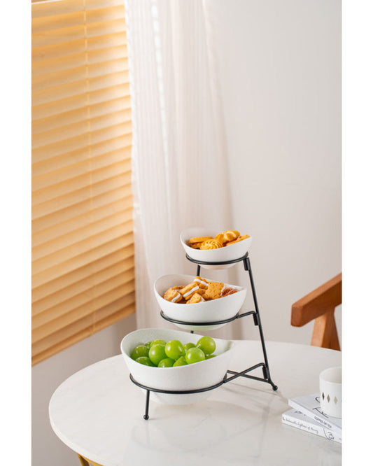 Shallow Porcelain 3-Tier Serving White Bowl Set with Sleek Black Stand (Small Bowl 13CM, Mid Bowl 16CM, Large Bowl 19CM)