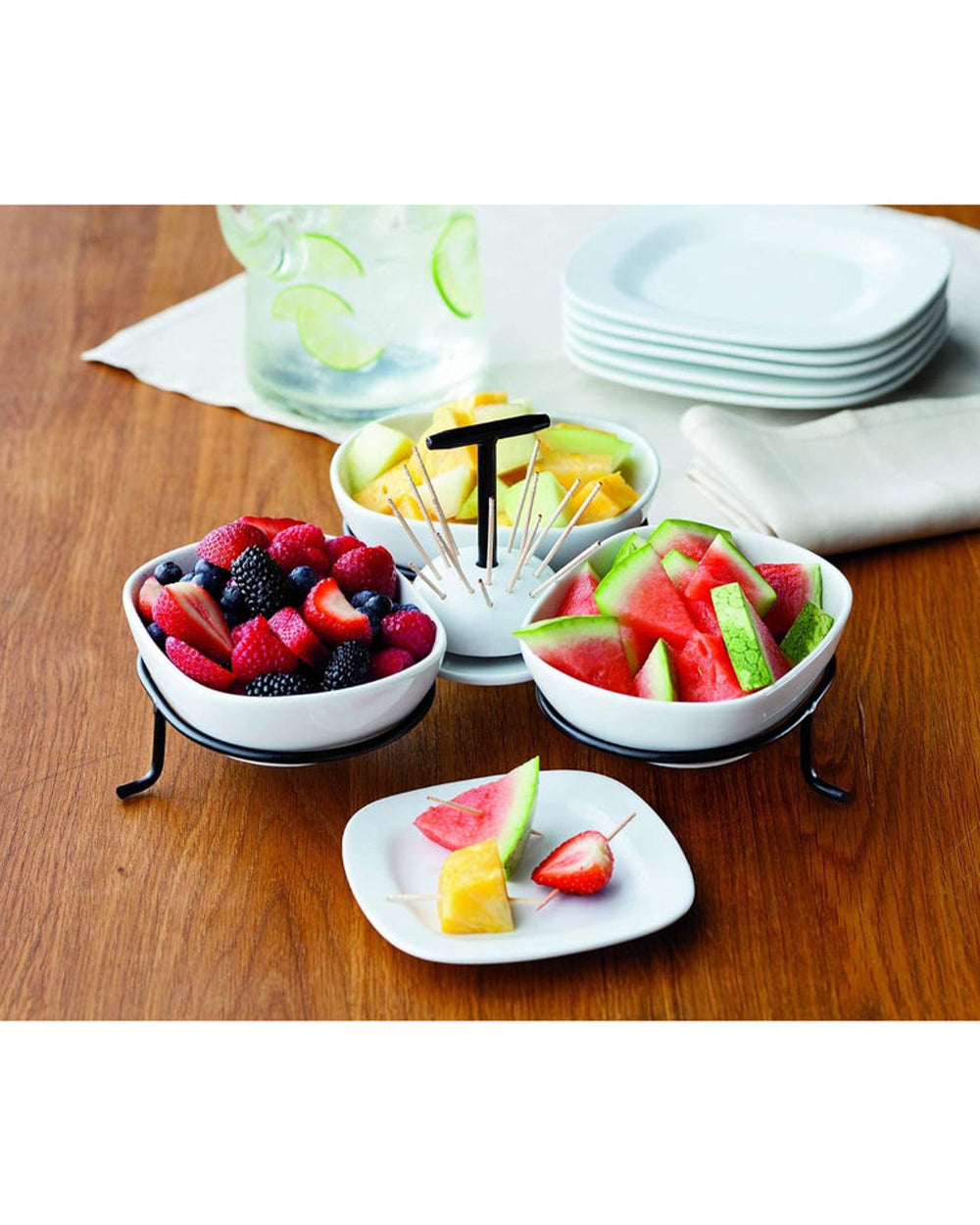 Shallow Porcelain Serving Set with Toothpick Holder and Stand, White,