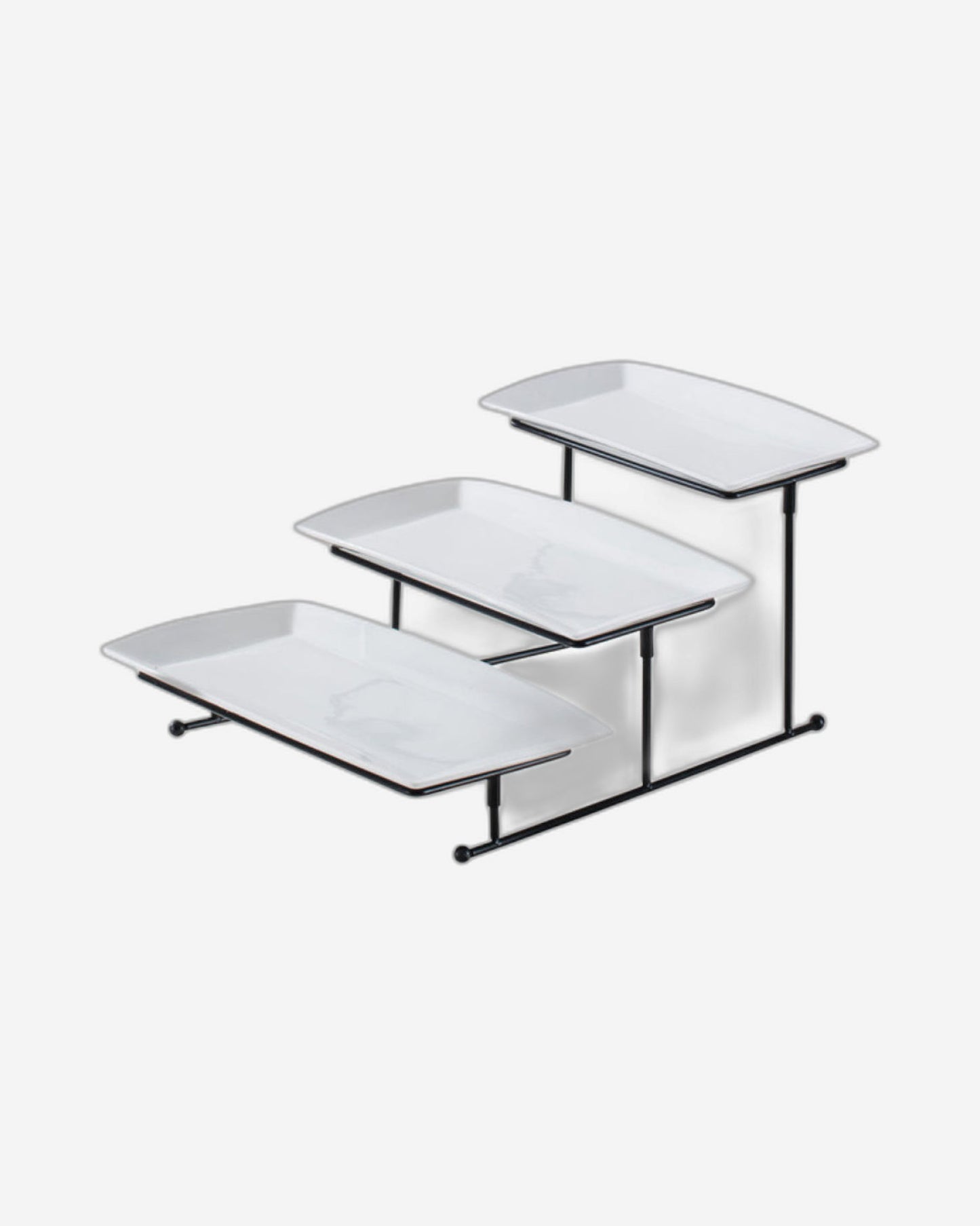 Shallow Elegant Porcelain 3 Tier Rectangle White Plate with Black Stand (Small Plate 27cm, Mid Plate 31cm, Large Plate 35cm)