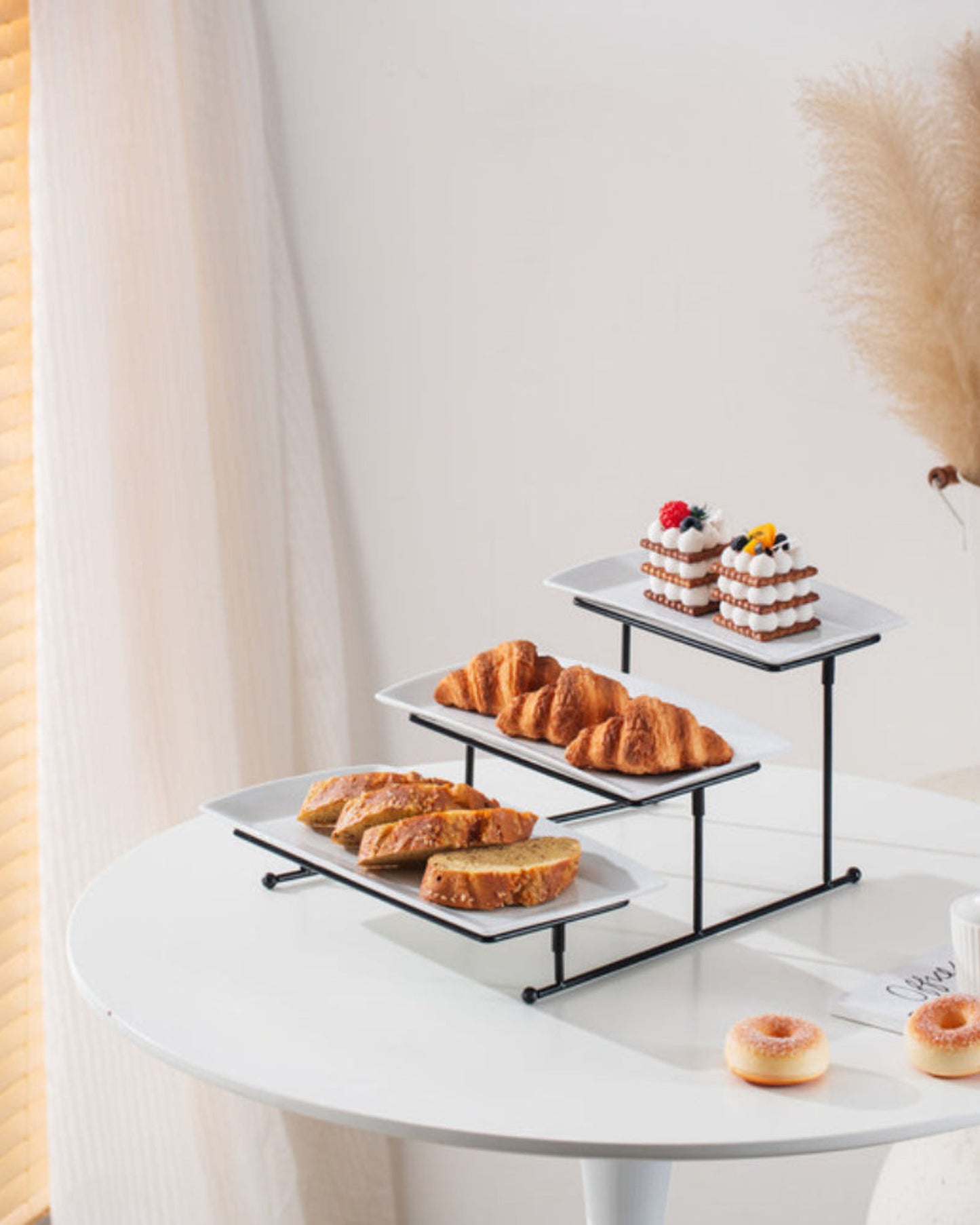 Shallow Elegant Porcelain 3 Tier Rectangle White Plate with Black Stand (Small Plate 27cm, Mid Plate 31cm, Large Plate 35cm)