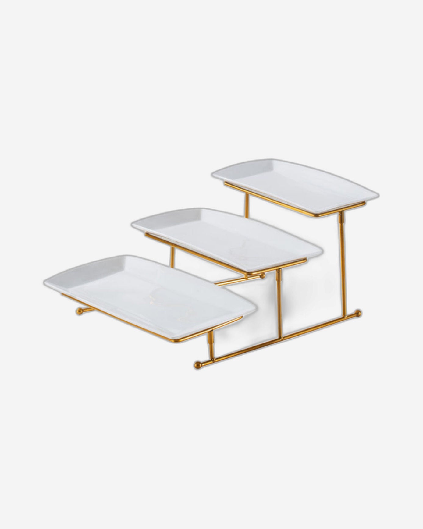 Shallow Elegant Porcelain 3 Tier Rectangle White Plate with Gold Stand (Small Plate 27cm, Mid Plate 31cm, Large Plate 35cm)