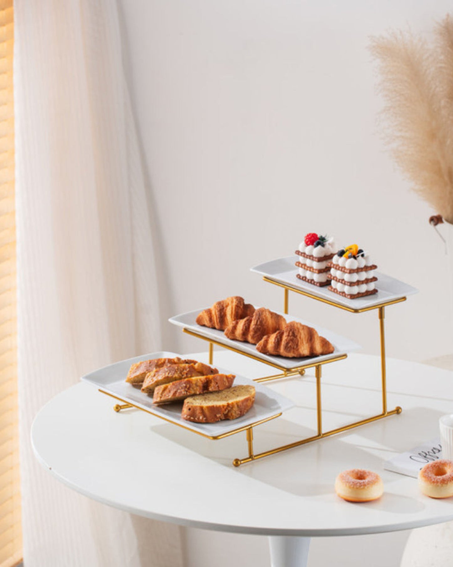 Shallow Elegant Porcelain 3 Tier Rectangle White Plate with Gold Stand (Small Plate 27cm, Mid Plate 31cm, Large Plate 35cm)