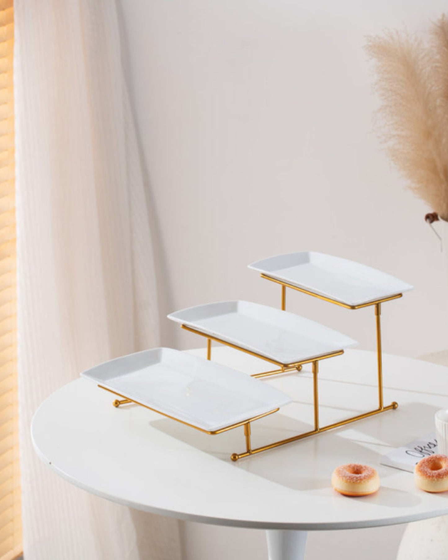 Shallow Elegant Porcelain 3 Tier Rectangle White Plate with Gold Stand (Small Plate 27cm, Mid Plate 31cm, Large Plate 35cm)