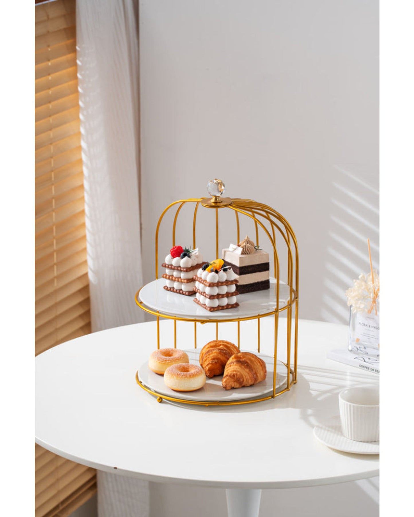 Shallow Elegant 2 Tier Porcelain 26cm Cake Plate with Luxurious Gold Stand