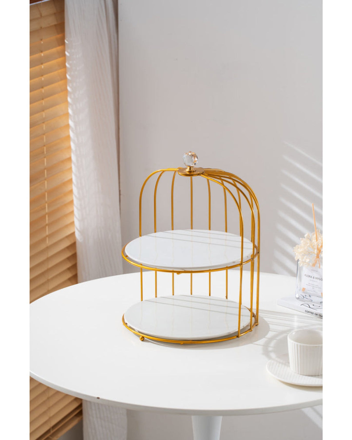 Shallow Elegant 2 Tier Porcelain 26cm Cake Plate with Luxurious Gold Stand