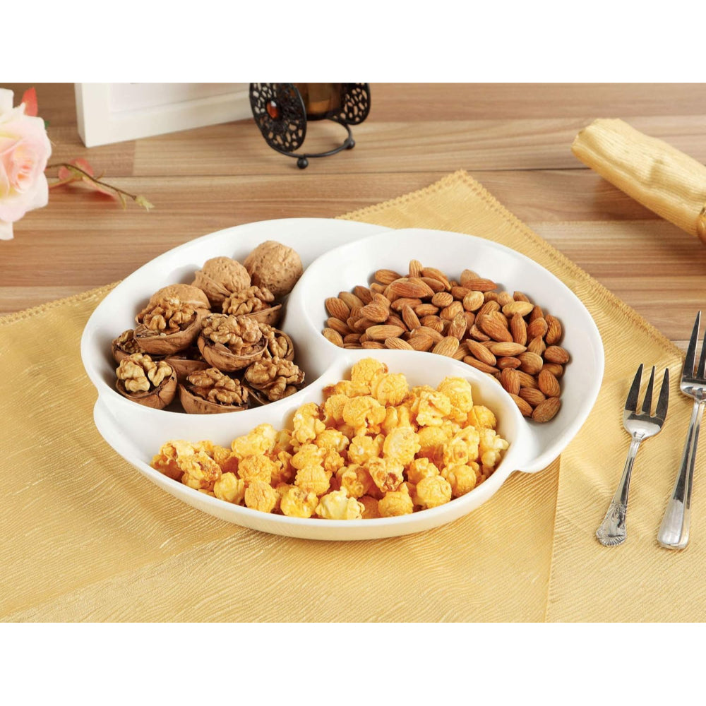 Shallow 12" Porcelain Round 3-Compartment Dish, White, 30 cm - Durable Serving Platter for Appetizers, Snacks, and Dips