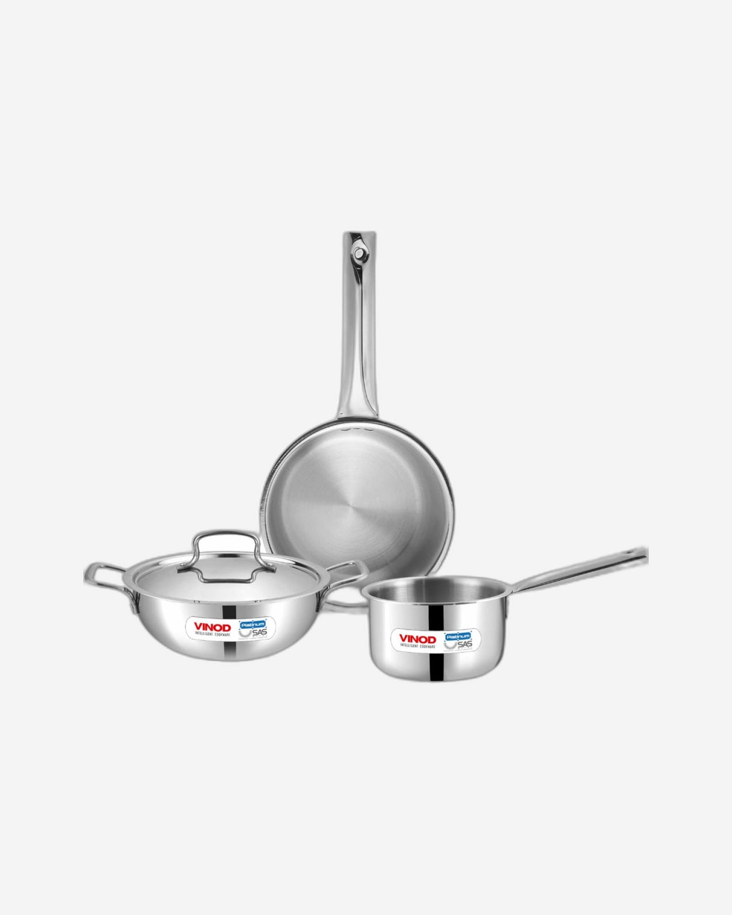 Vinod Platinum Triply Stainless Steel Cookware Set - 4 Pc, Kadai (24cm, 3.3l), Frypan (24cm, 2.2L) with Common Lid, Saucepan (16 cm, 1.6L)