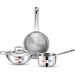 Vinod Platinum Triply Stainless Steel Cookware Set - 4 Pc, Kadai (24cm, 3.3l), Frypan (24cm, 2.2L) with Common Lid, Saucepan (16 cm, 1.6L)