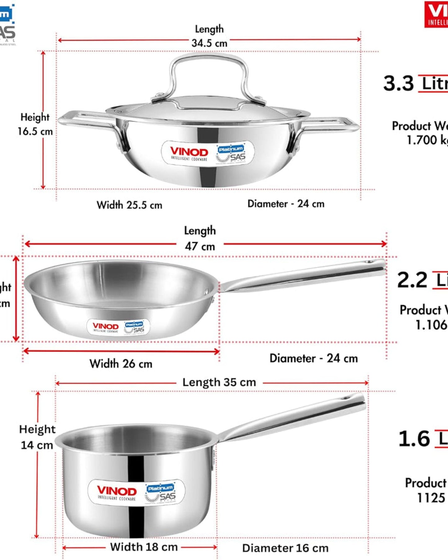 Vinod Platinum Triply Stainless Steel Cookware Set - 4 Pc, Kadai (24cm, 3.3l), Frypan (24cm, 2.2L) with Common Lid, Saucepan (16 cm, 1.6L)