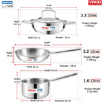 Vinod Platinum Triply Stainless Steel Cookware Set - 4 Pc, Kadai (24cm, 3.3l), Frypan (24cm, 2.2L) with Common Lid, Saucepan (16 cm, 1.6L)
