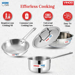 Vinod Platinum Triply Stainless Steel Cookware Set - 4 Pc, Kadai (24cm, 3.3l), Frypan (24cm, 2.2L) with Common Lid, Saucepan (16 cm, 1.6L)
