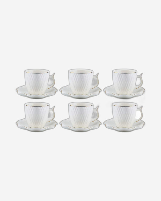 Shallow Bone China Coffee Cup and Saucer Set, 12-Piece – White/Gold, 90ml