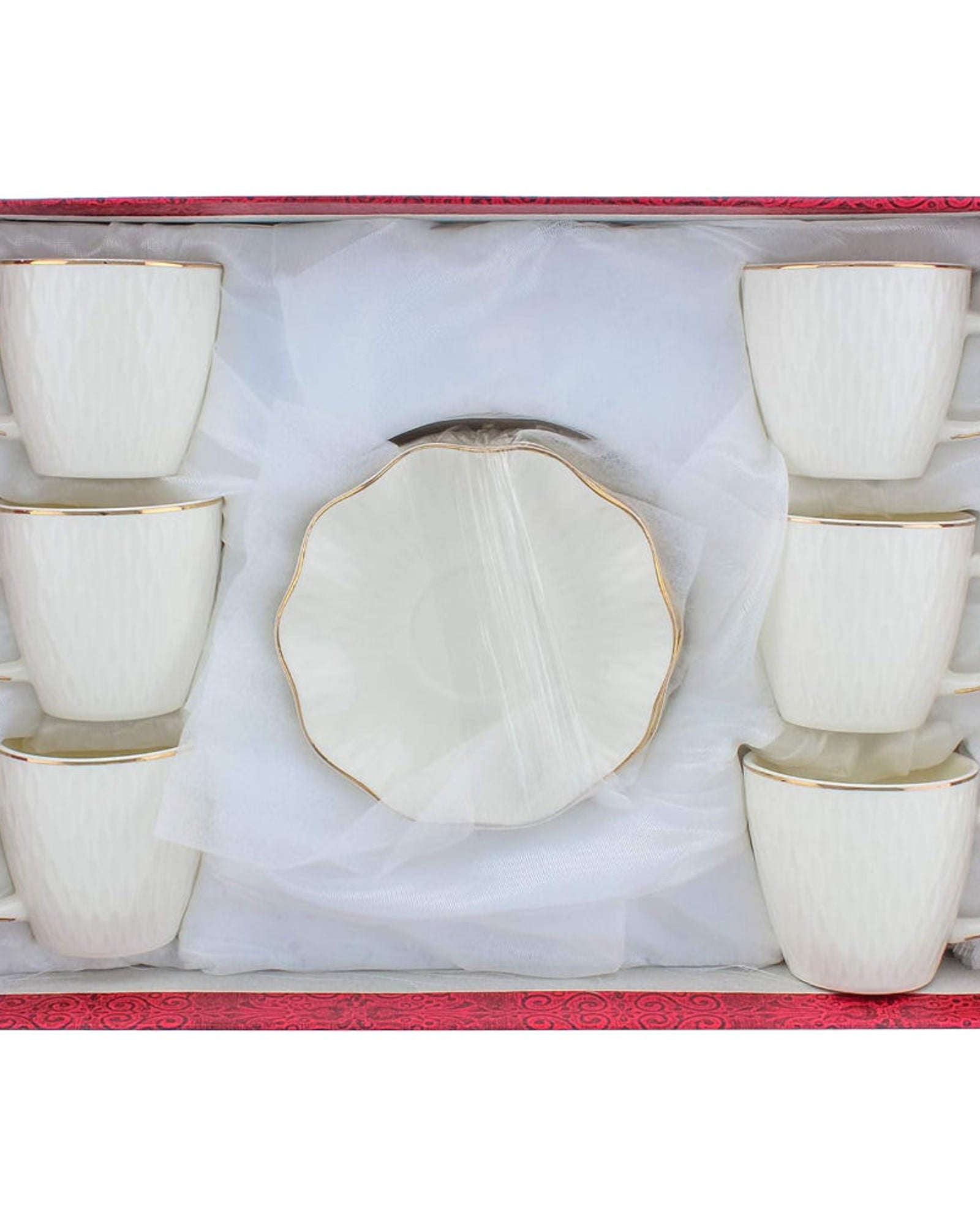 Shallow Bone China Coffee Cup and Saucer Set, 12-Piece – White/Gold, 90ml