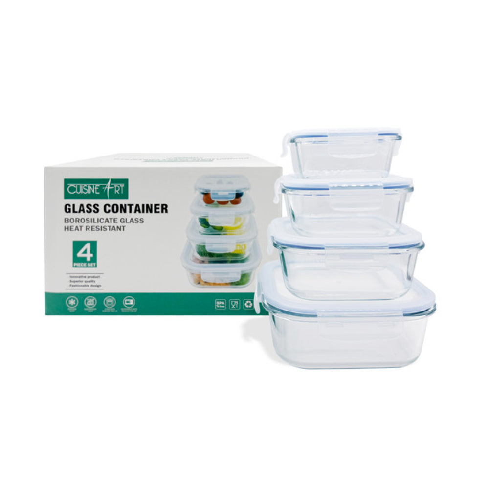 Cuisine Art Jura High Borosilicate Glass Square Food Container Set with PP Lid, 4 Pieces (300, 500, 800, 1200ml)