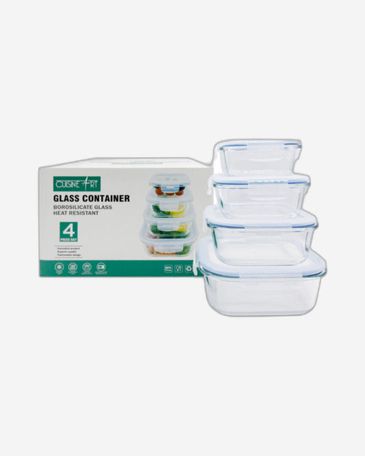 Cuisine Art Jura High Borosilicate Glass Square Food Container Set with PP Lid, 4 Pieces (300, 500, 800, 1200ml)