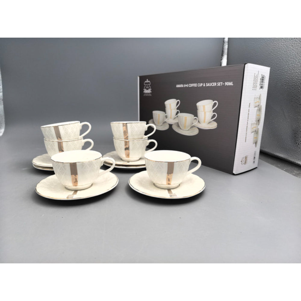 Shallow Porcelain Amara Coffee Cup & Saucer Set, 90ml (6 Cups, 6 Saucer, White)