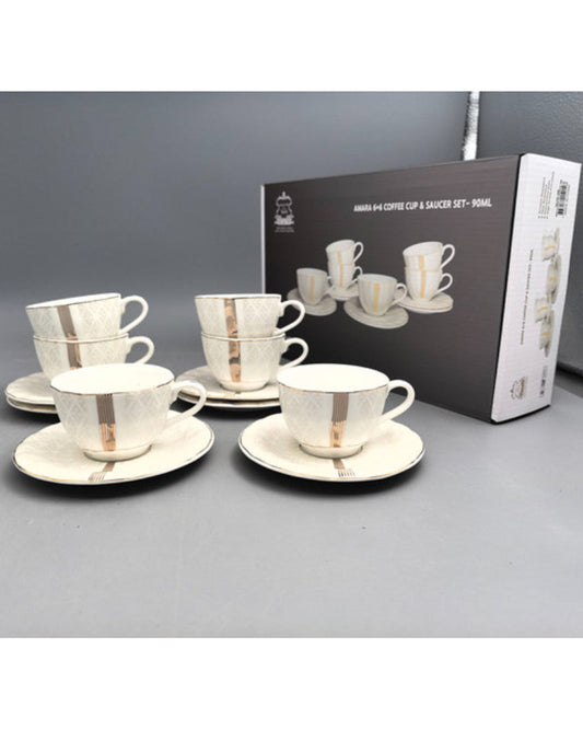 Shallow Porcelain Amara Coffee Cup & Saucer Set, 90ml (6 Cups, 6 Saucer, White)