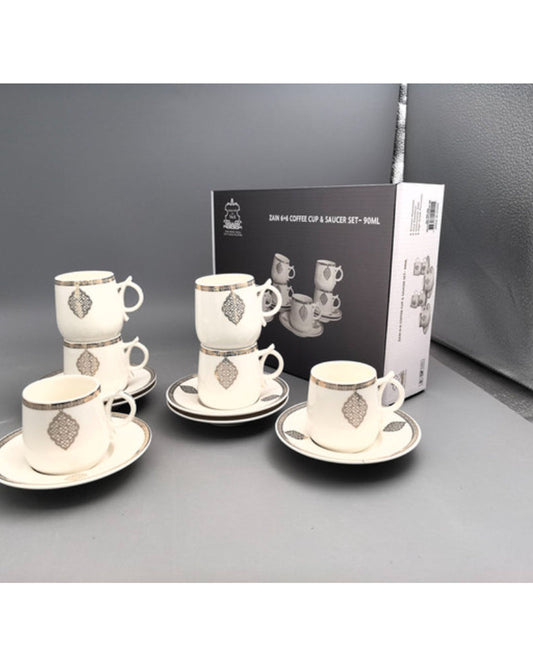 Shallow Porcelain Zain Coffee Cup & Saucer Set, 90ml (6 Cups, 6 Saucer, White)
