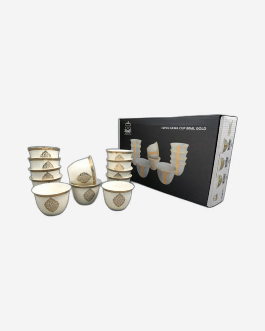 Shallow Porcelain Zain Cawa Cup, 80ml (12 Pieces, White & Gold)
