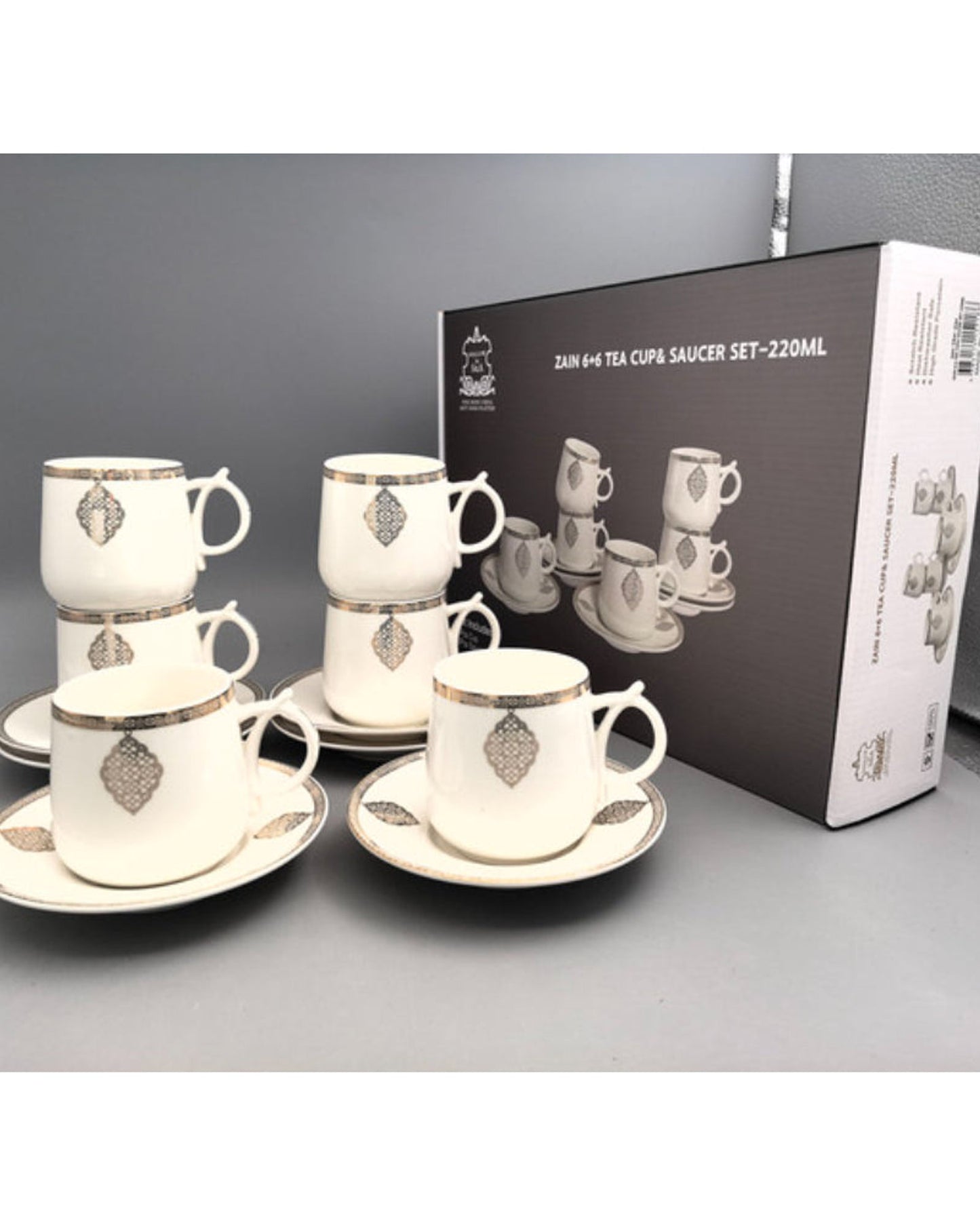Shallow Porcelain Zain Tea Cup & Saucer Set, 220ml (6 Cups, 6 Saucer, White)