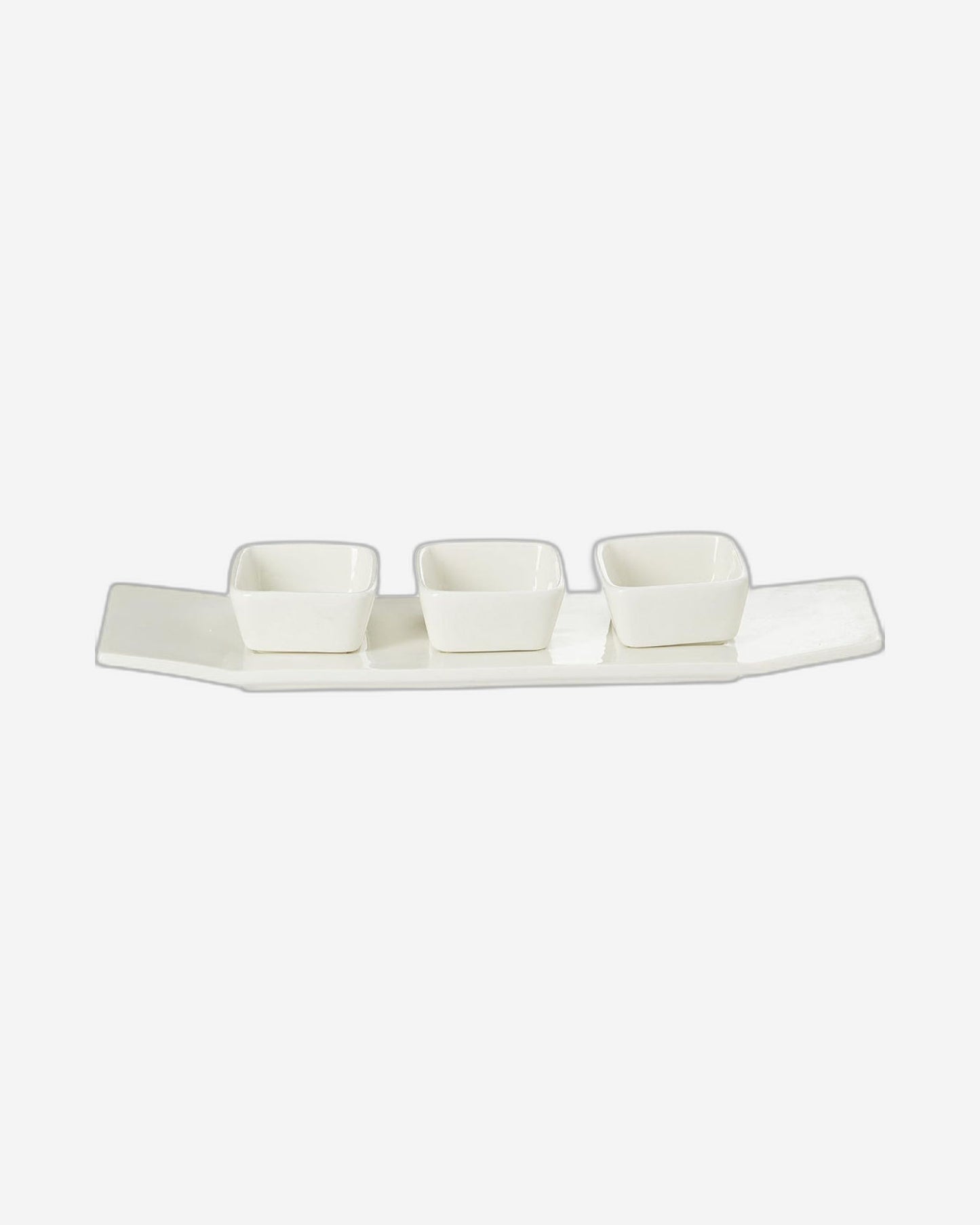 Shallow Porcelain 3-Dish Condiment Set with Long Plate, White – Elegant Serving Set for Sauces, Spices, and More
