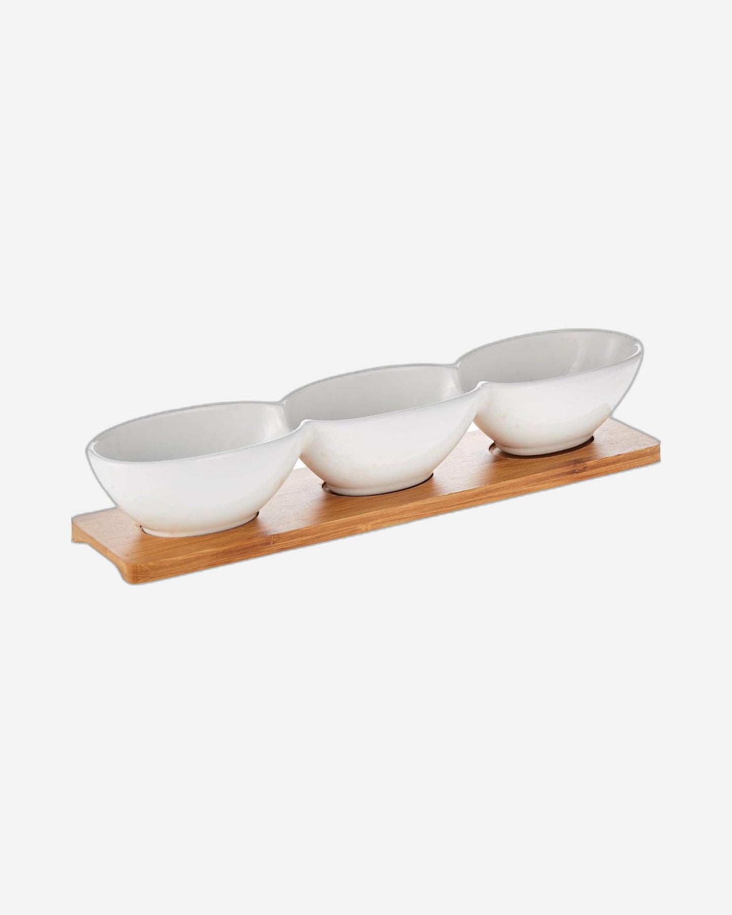 Shallow Porcelain Bowl with Bamboo Tray, White/Brown – Elegant Serving Set for Snacks and Condiments