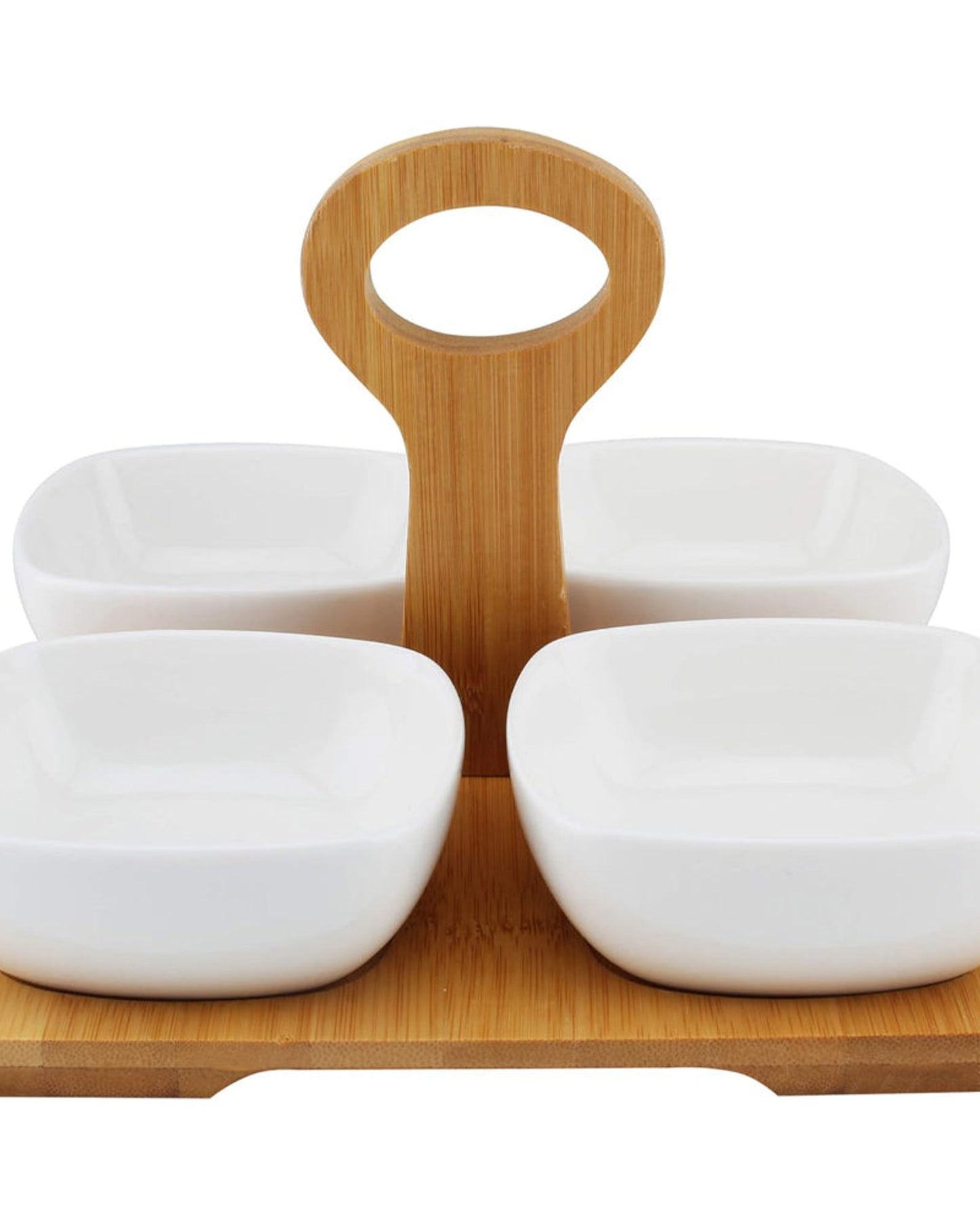 Shallow Porcelain Bowls With Bamboo Tray And Handle, White/Brown, 4 Pieces