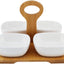 Shallow Porcelain Bowls With Bamboo Tray And Handle, White/Brown, 4 Pieces