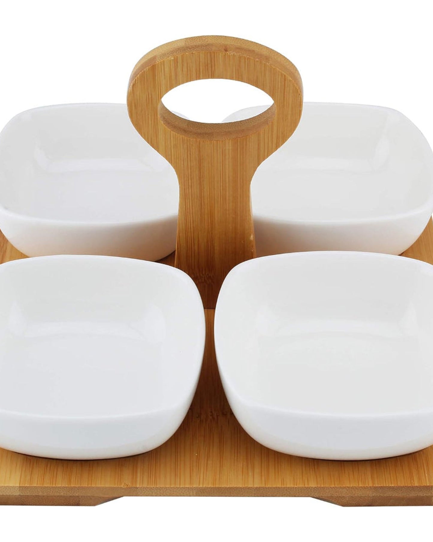 Shallow Porcelain Bowls With Bamboo Tray And Handle, White/Brown, 4 Pieces