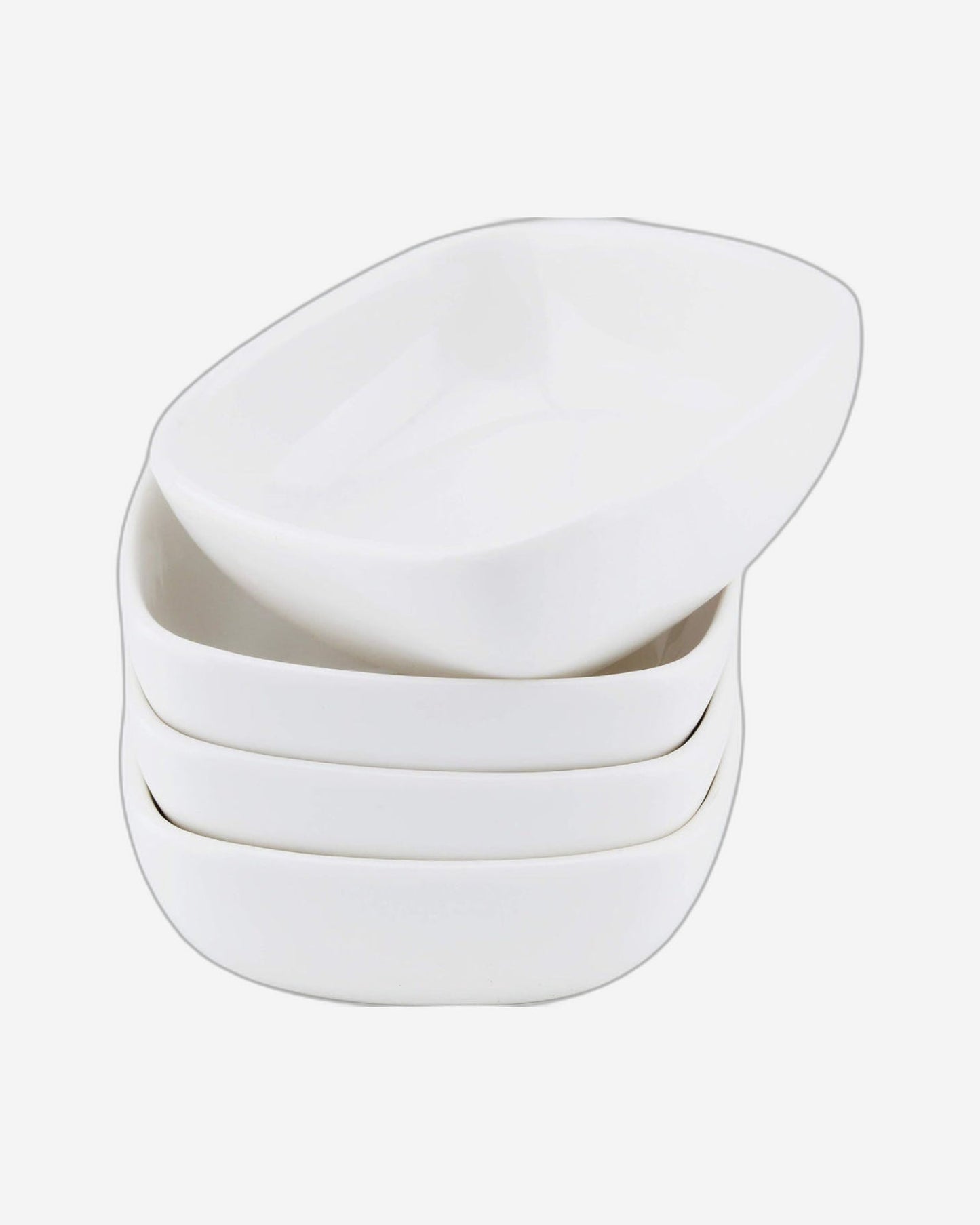 Shallow Porcelain Bowls With Bamboo Tray And Handle, White/Brown, 4 Pieces