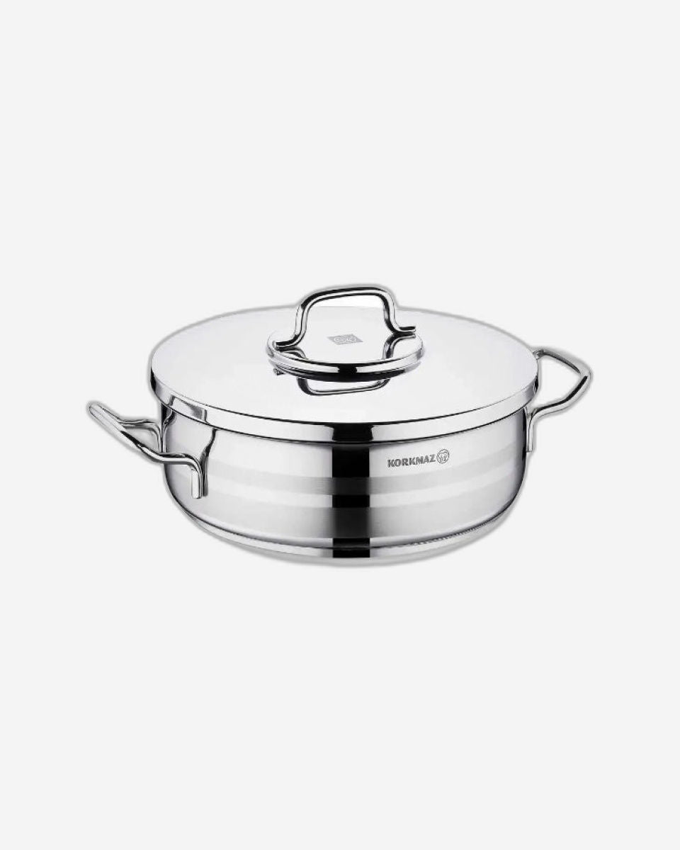 Korkmaz Astra2 Low Casserole 32x9 / 7 L | Induction Base Satinless Steel Pot | Dishwasher Safe Stock Pot - KA2041