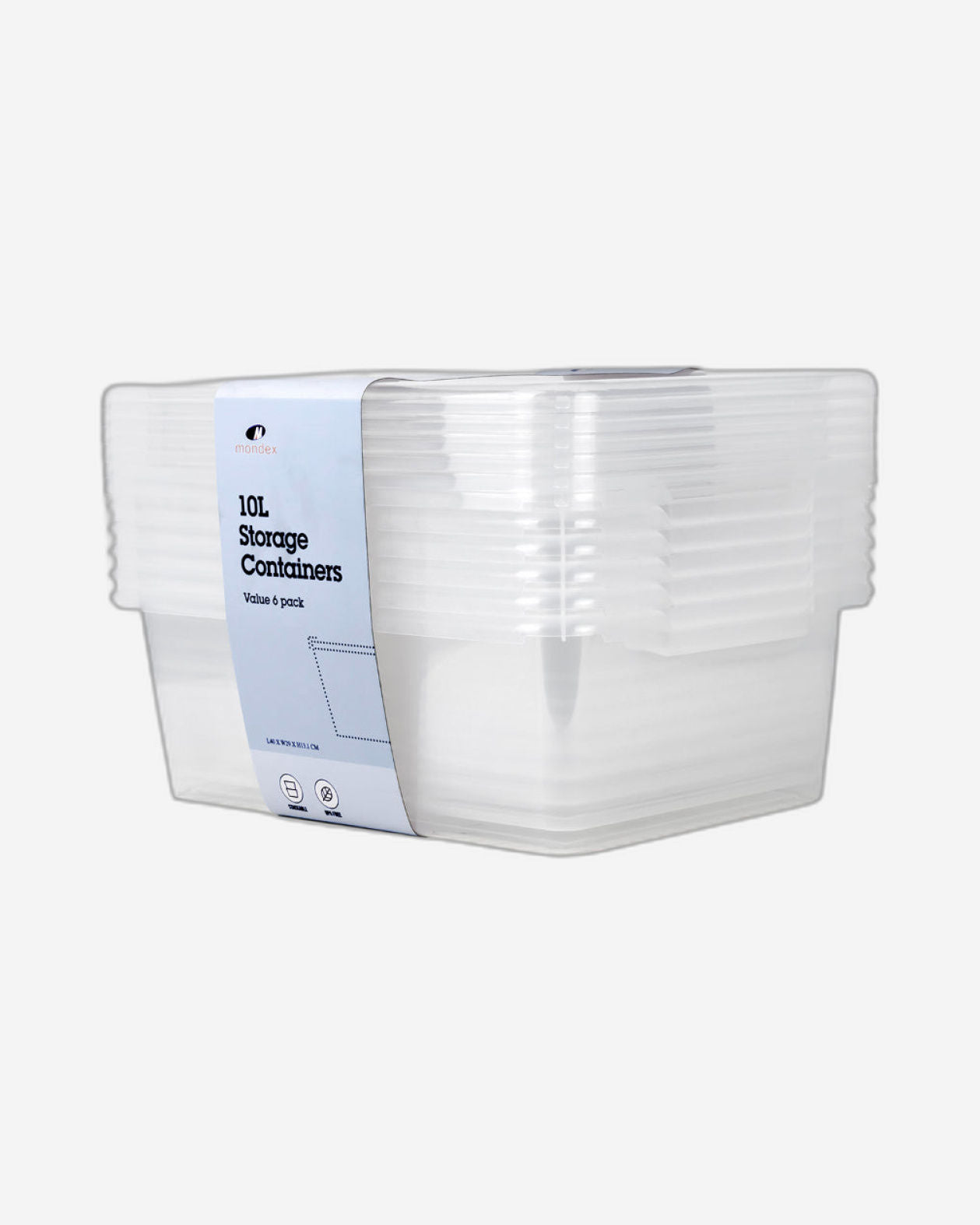 Mondex 6 Piece Polypropylene Storage Box Set - 10L Capacity Each - Transparent