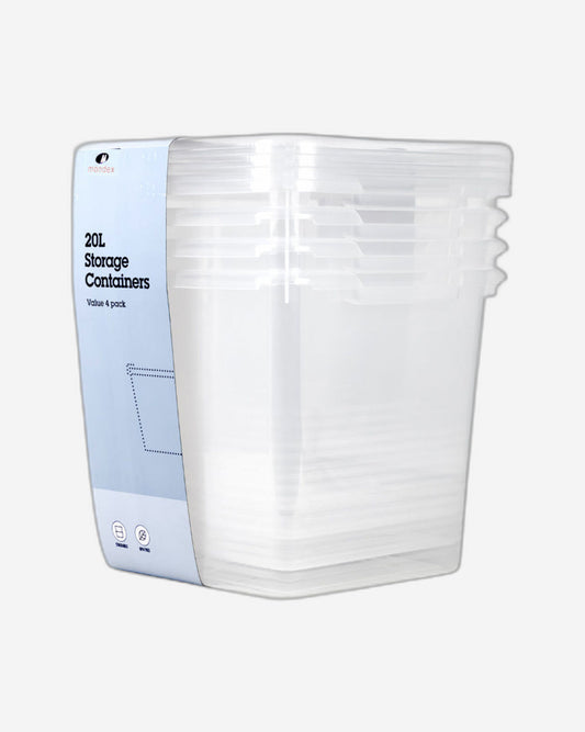 Mondex 4 Piece Polypropylene Storage Box Set - 20L Capacity Each - Transparent