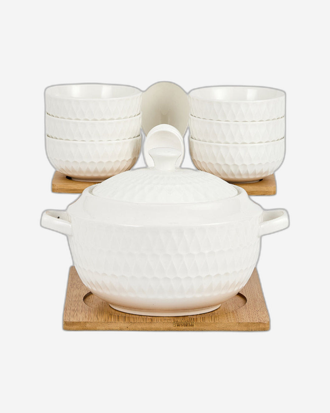 Shallow Porcelain Bamboo 1 Soup Pot, 1 Soup Spoon, 6 Bowls & 6 Spoons with Stand, White & Brown
