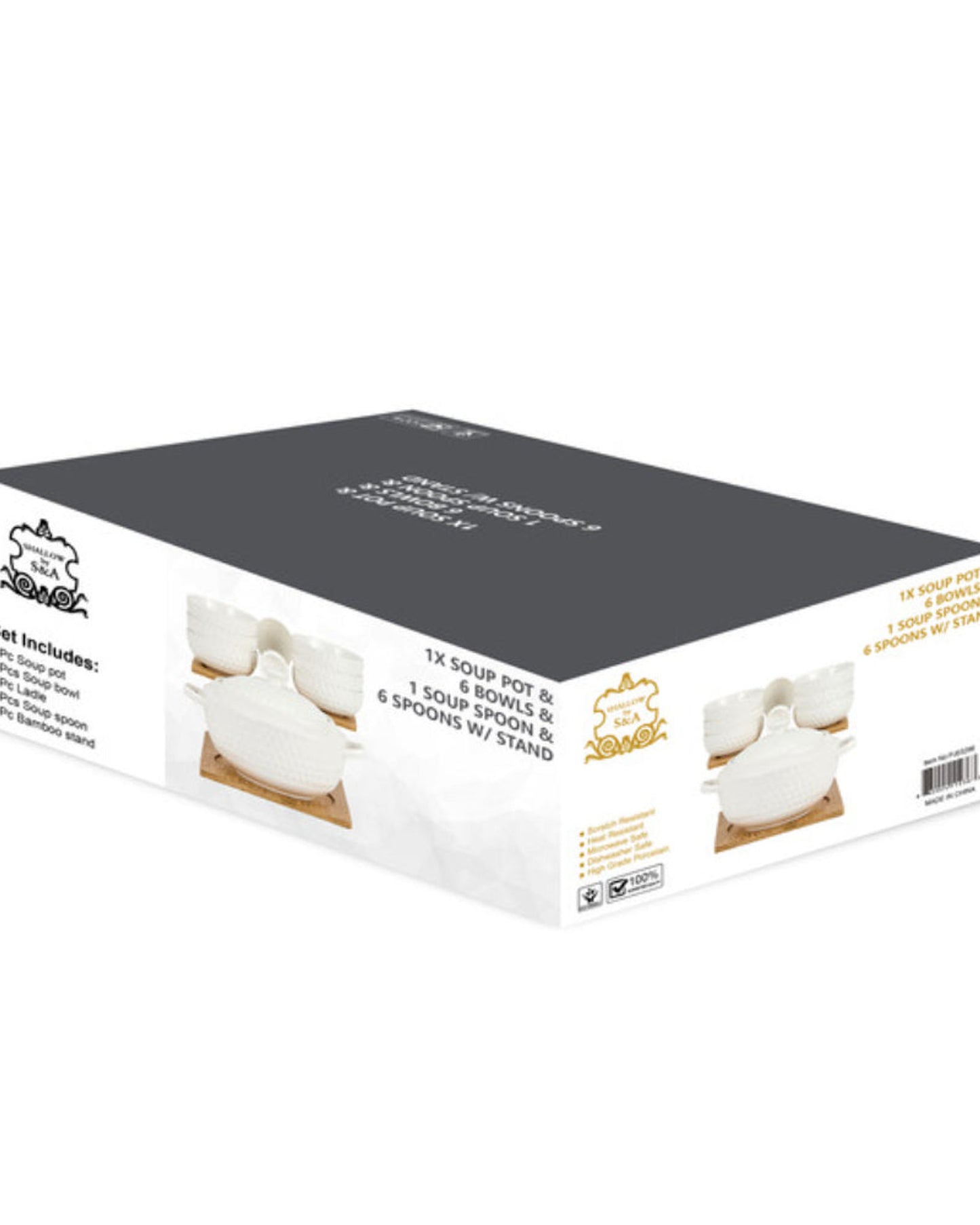 Shallow Porcelain Bamboo 1 Soup Pot, 1 Soup Spoon, 6 Bowls & 6 Spoons with Stand, White & Brown