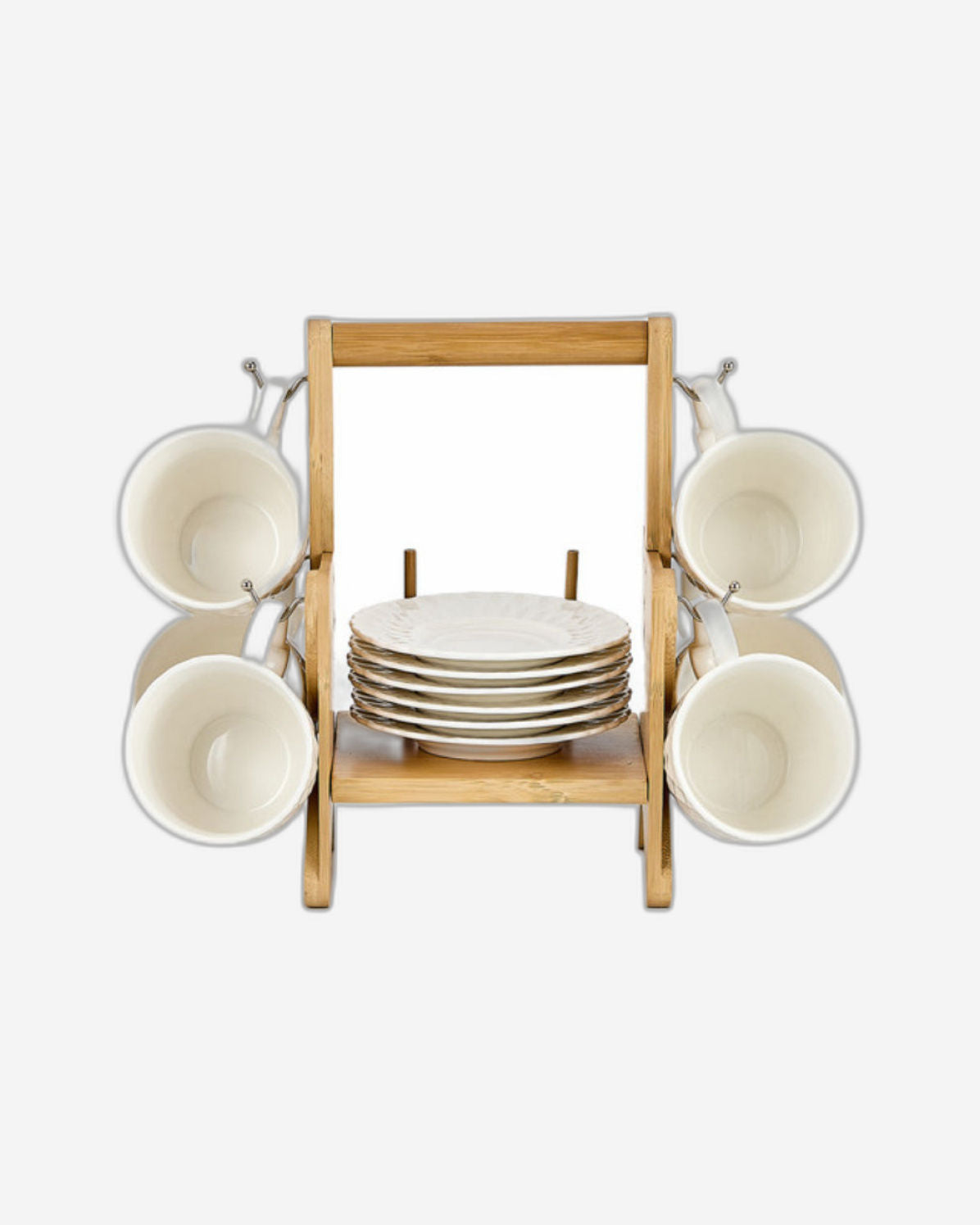 Shallow Elegant Porcelain Bamboo 6 Cup & 6 Saucer Set with Stand, 180ml