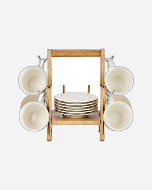 Shallow Elegant Porcelain Bamboo 6 Cup & 6 Saucer Set with Stand, 180ml