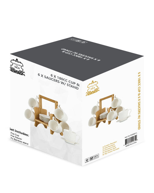 Shallow Elegant Porcelain Bamboo 6 Cup & 6 Saucer Set with Stand, 180ml