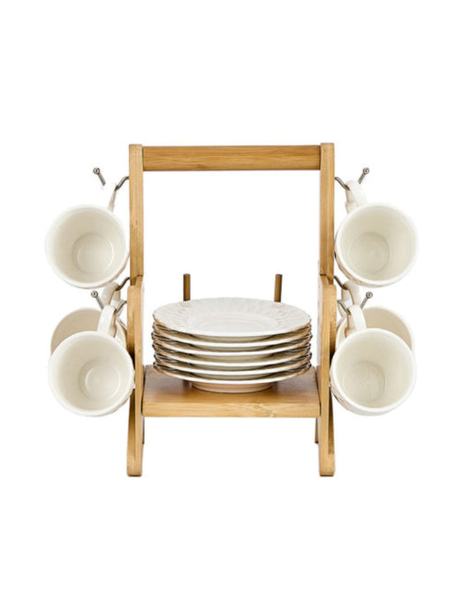 Shallow Elegant Porcelain Bamboo 6 Cup & 6 Saucer Set with Stand, 90ml