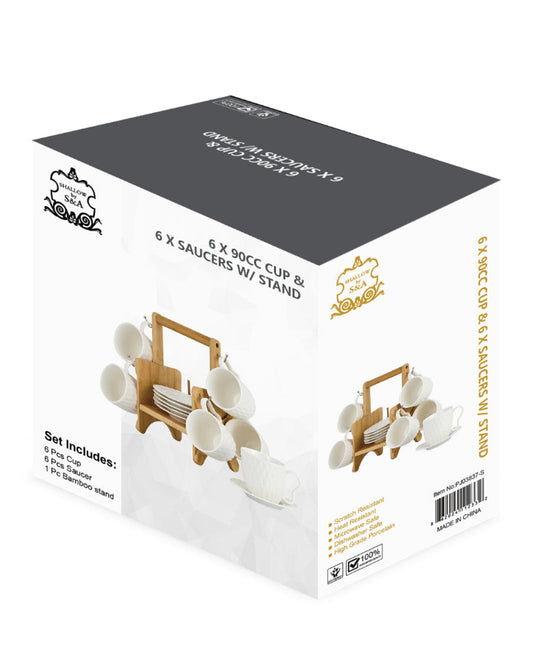 Shallow Elegant Porcelain Bamboo 6 Cup & 6 Saucer Set with Stand, 90ml