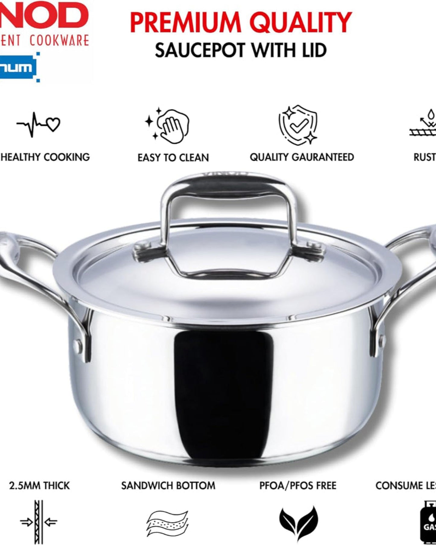Vinod Platinum Triply Stainless Steel Saucepot with Lid - 20 cm, 3 L, 2.5mm Thickness, Silver (Induction Friendly)