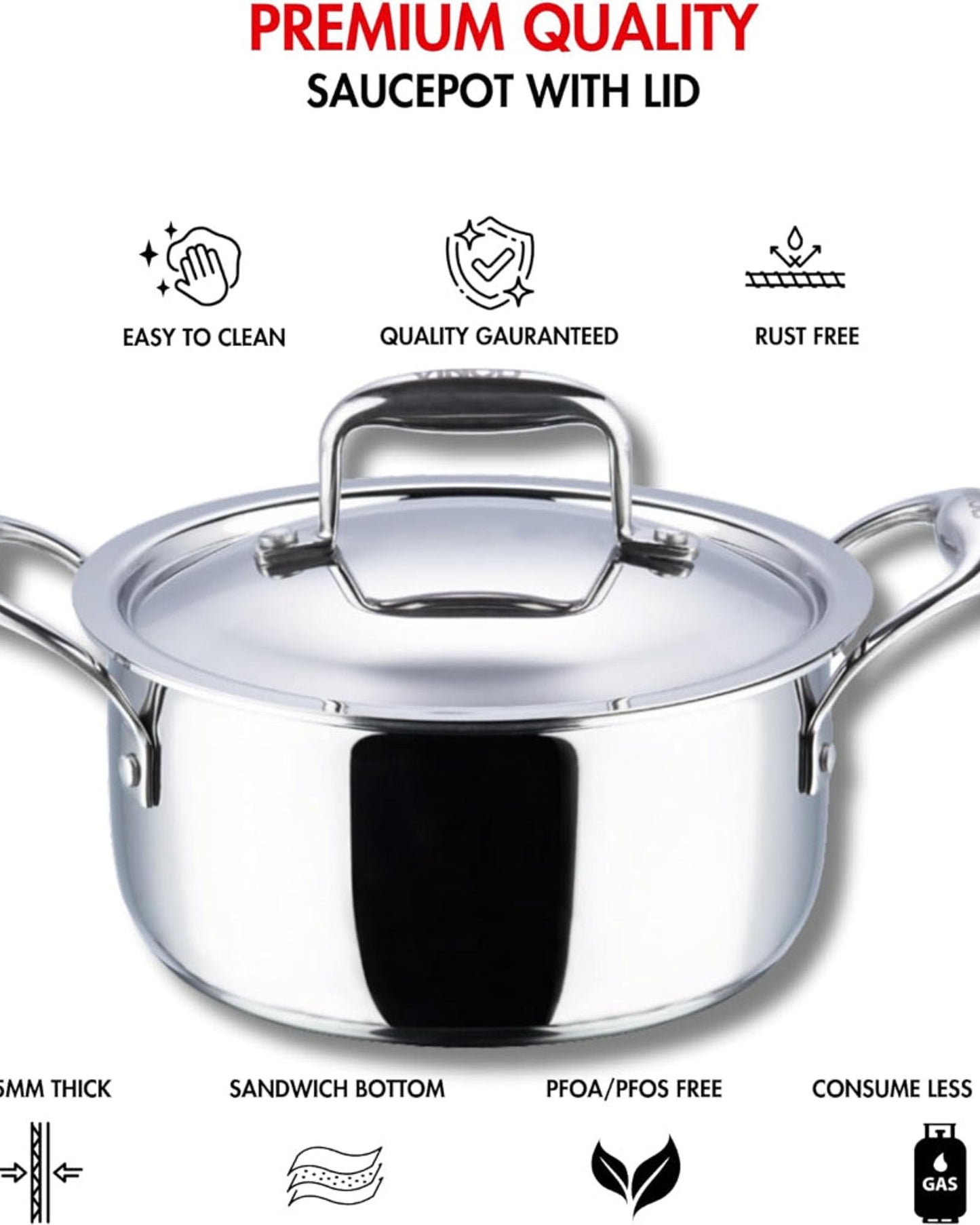 Vinod Platinum Triply Stainless Steel Saucepot with Lid - 24 cm, 5 L, Silver (Induction Friendly)