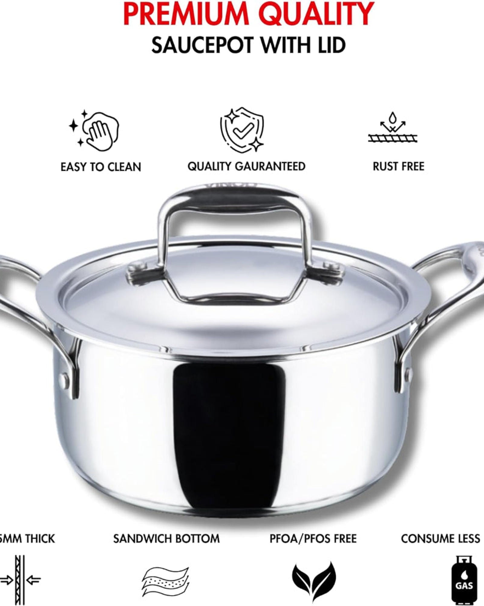 Vinod Platinum Triply Stainless Steel Saucepot with Lid - 24 cm, 5 L, Silver (Induction Friendly)