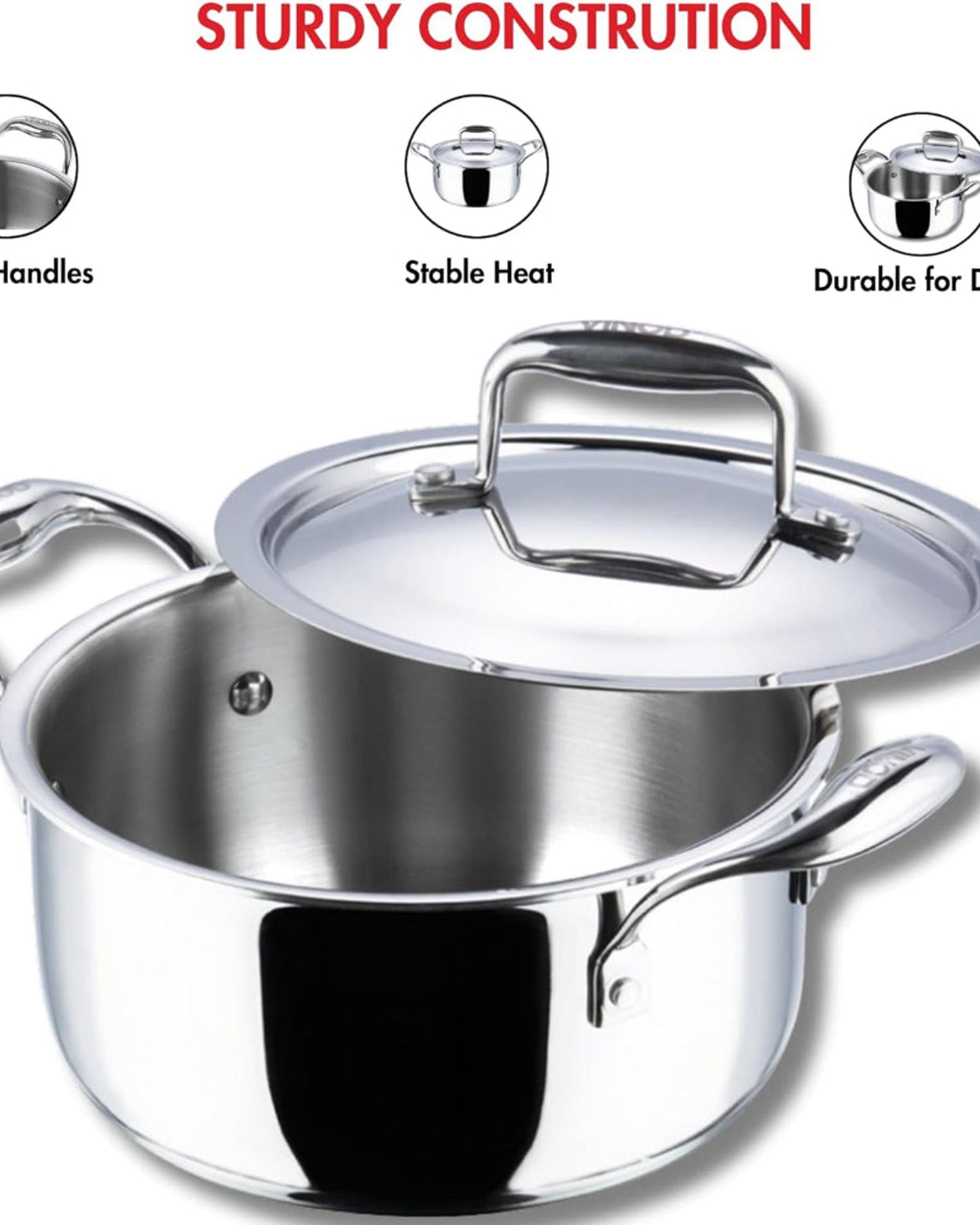 Vinod Platinum Triply Stainless Steel Saucepot with Lid - 24 cm, 5 L, Silver (Induction Friendly)