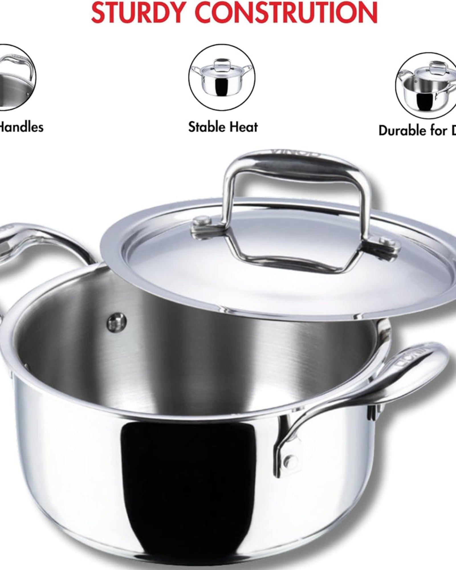 Vinod Platinum Triply Stainless Steel Saucepot with Lid - 24 cm, 5 L, Silver (Induction Friendly)