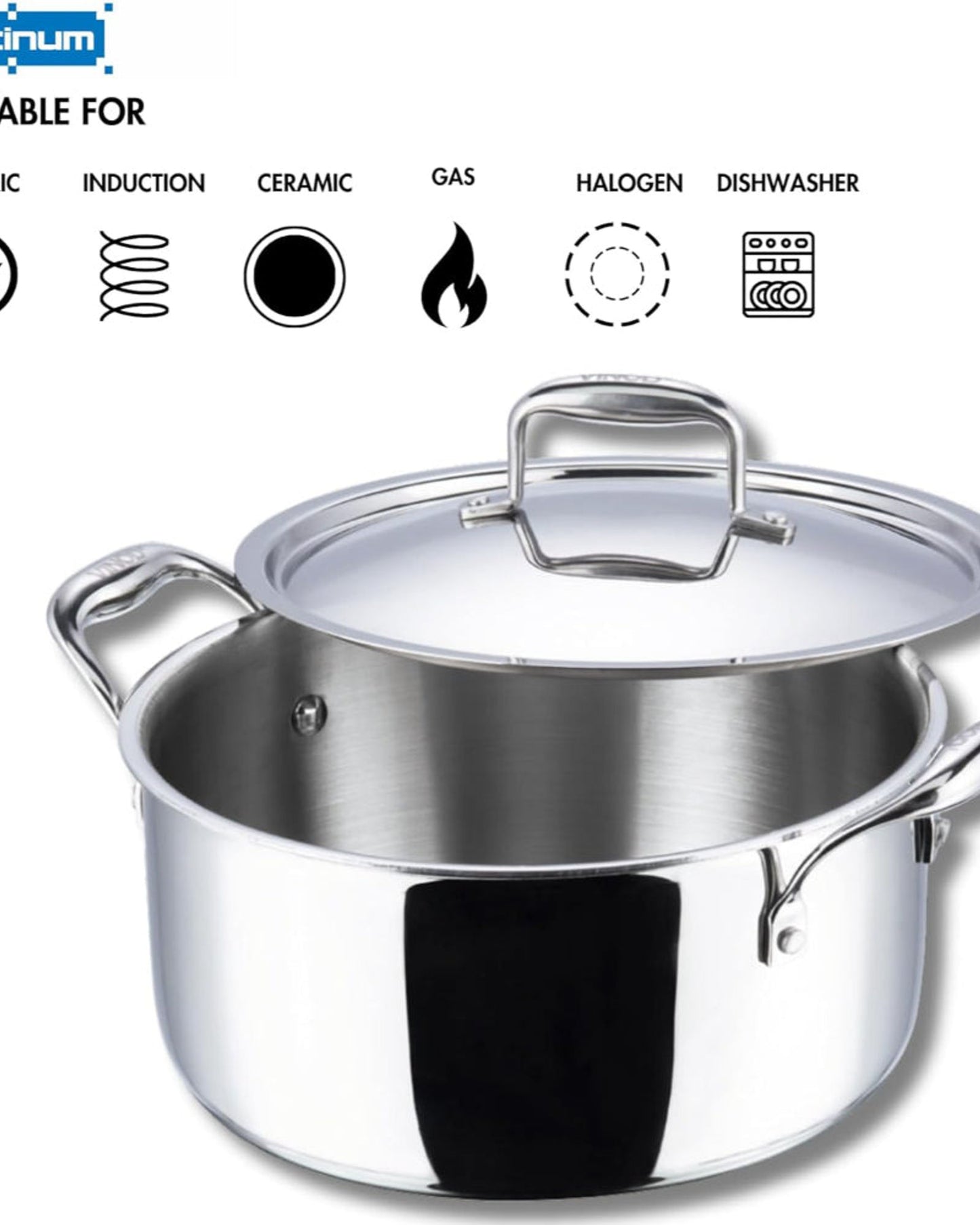 Vinod Platinum Triply Stainless Steel Saucepot with Lid- 26 cm, 6.8 Litre, Silver (Induction Friendly, Non Stick)