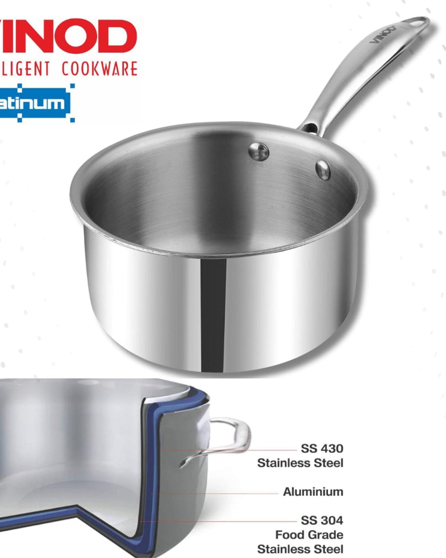 Vinod Platinum Triply Stainless Steel Milkpan -14 cm, 1.2 L, Silver (Induction Friendly)