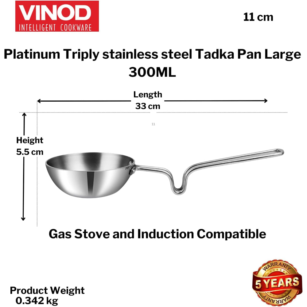 Vinod Platinum Triply Stainless Steel Tadka Pan - Large, 11cm, Silver