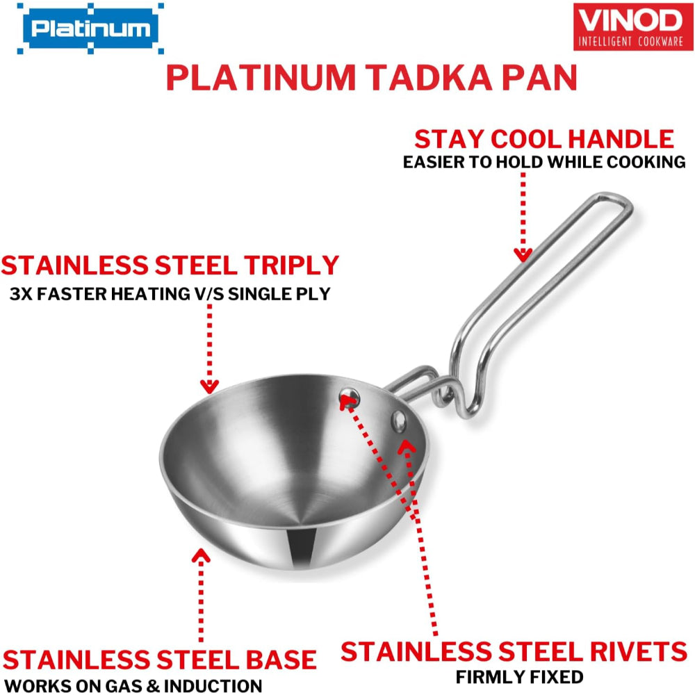 Vinod Platinum Triply Stainless Steel Tadka Pan - Large, 11cm, Silver