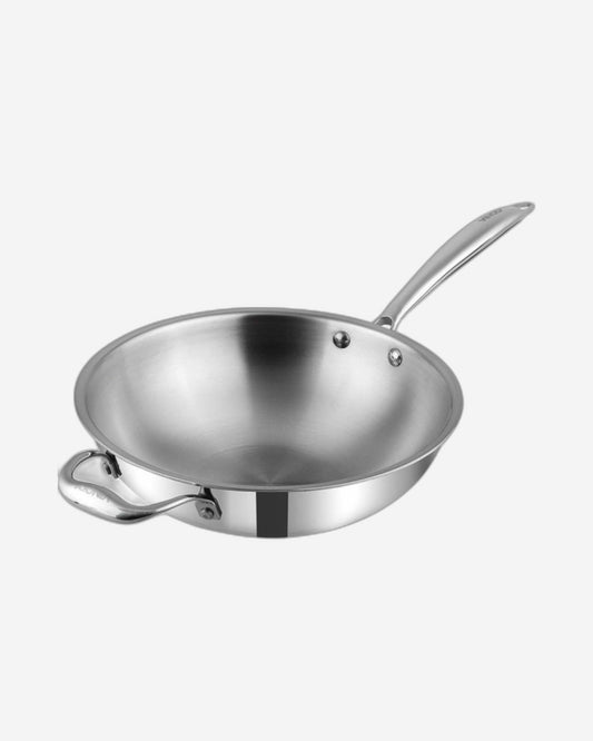 Vinod Platinum Triply Stainless Steel Wok with Riveted Sturdy Handle -26cm, 3 Liters, Silver (Induction Friendly)